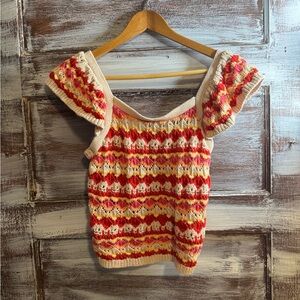 Blu Pepper Multicolor Knit Puff Sleeve Top - Red, Pink, Yellow, Cream